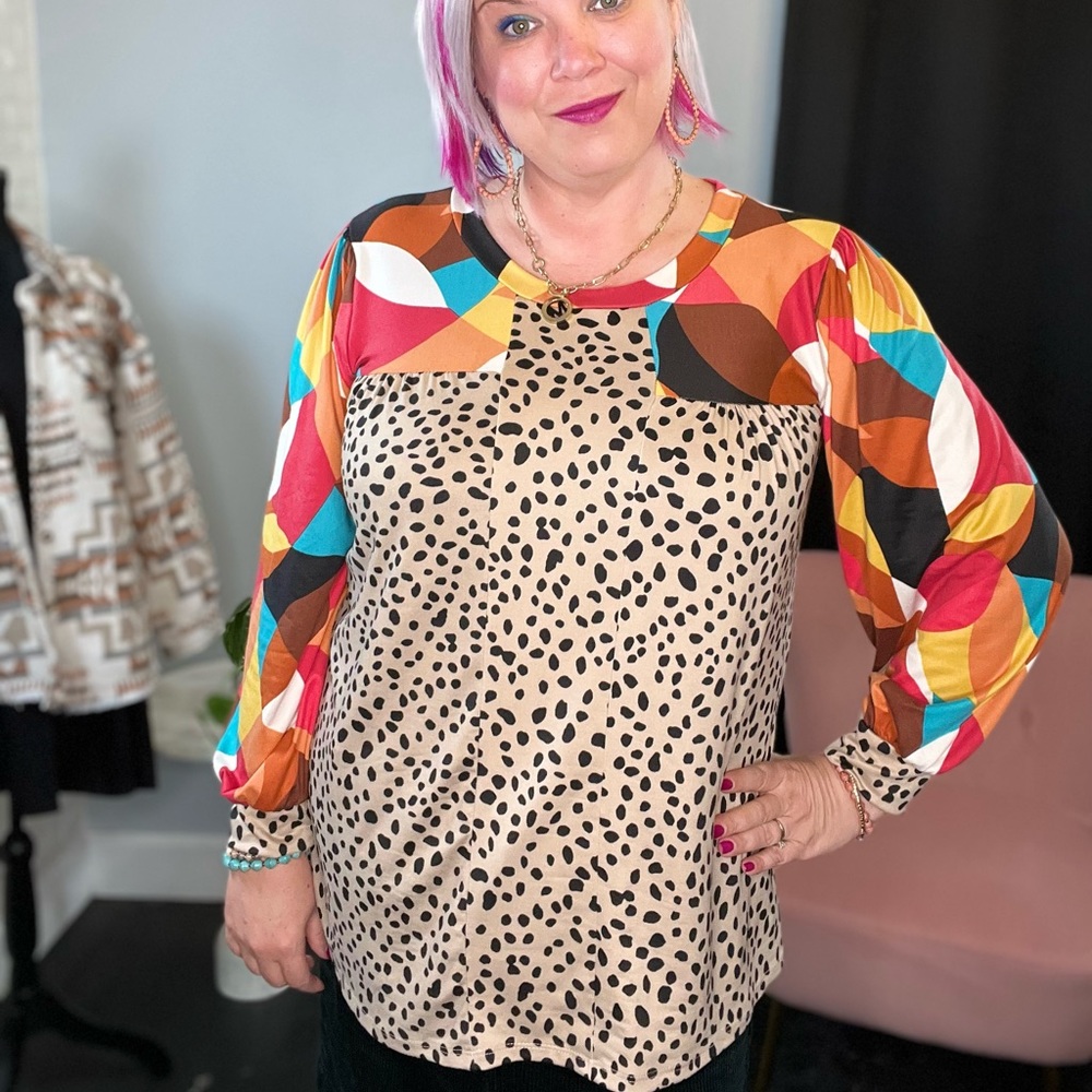 Haptics Leopard Print Top With Long Geometric Sleeves